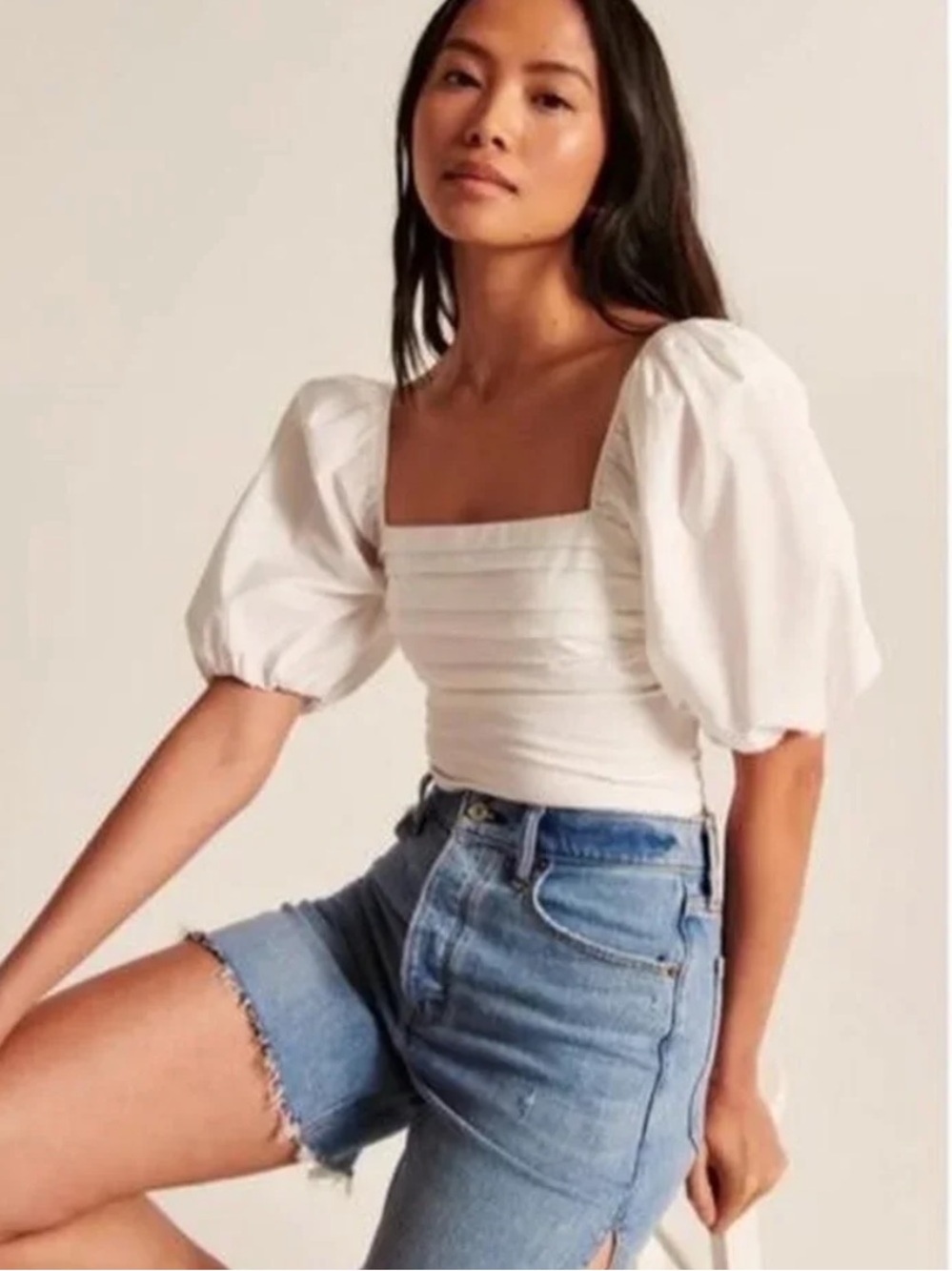 Abercrombie & Fitch White Puff Sleeve Square Neck Top